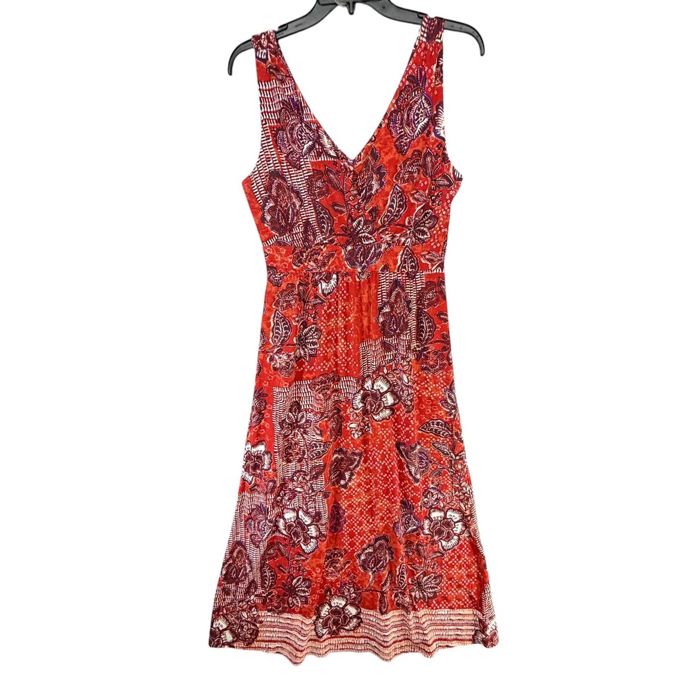 Garnet Hill Maxi Dress Womens 10 Red Orange Floral Boho V Neck Sleeveless Resort